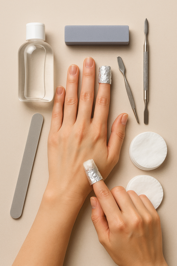 Schrittweises Ablösen von Shellack & Acryl mit Remover, Folie und Feile