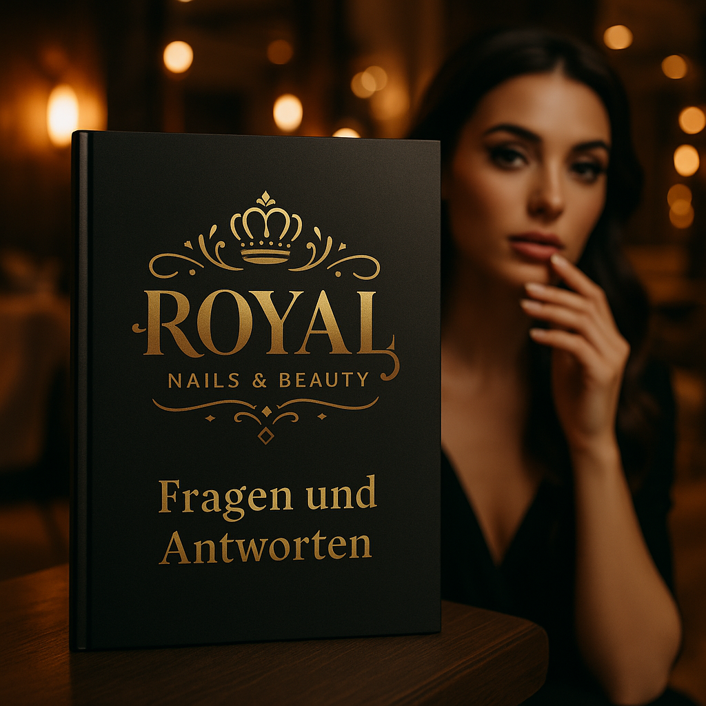 Luxuriöses FAQ-Buch mit Royal Nails & Beauty Logo im High-End Salon Altstätten